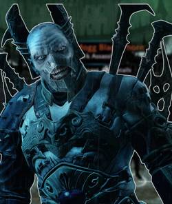 an orc from shadow of mordor in front of ranked orc captains